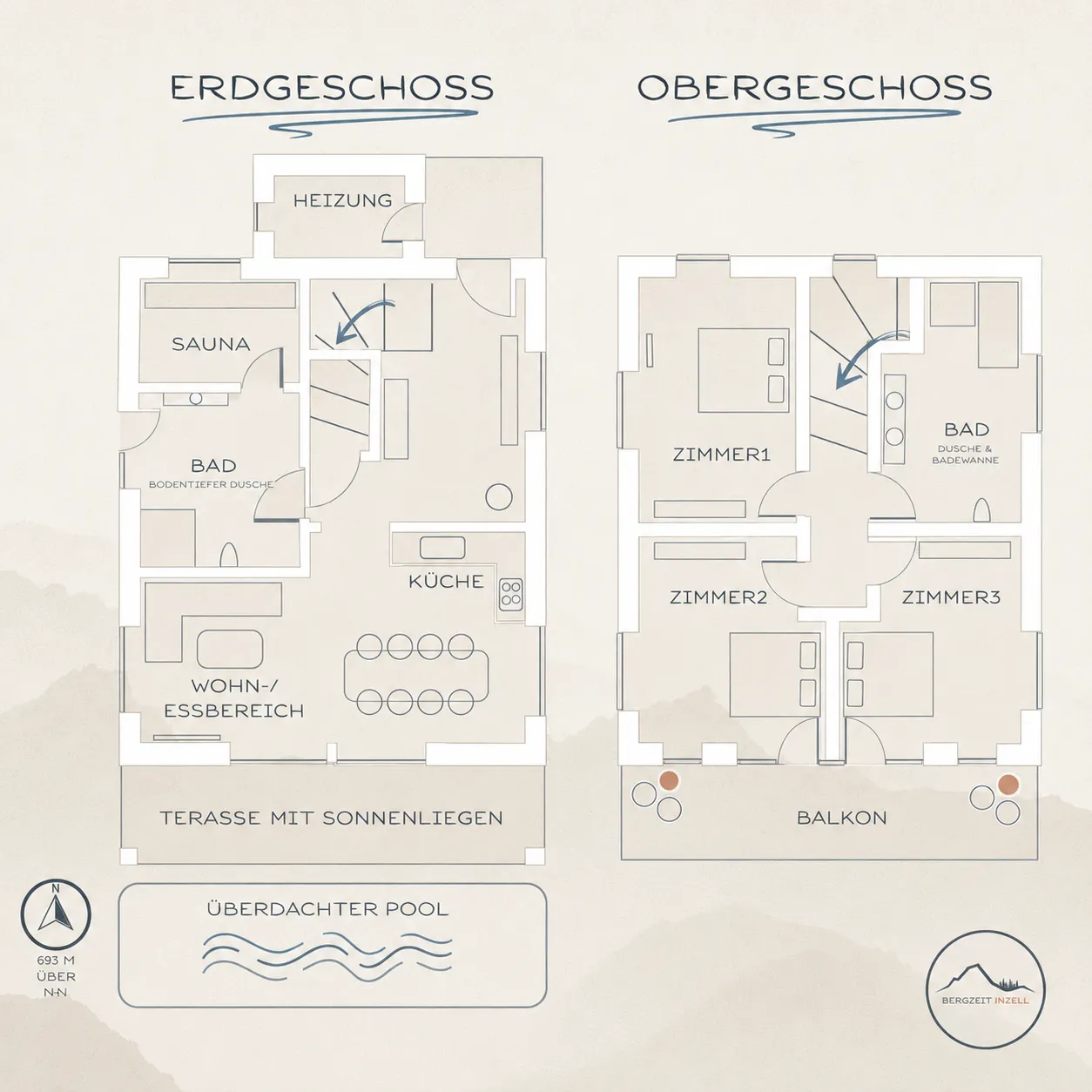 Grundriss Ferienhaus Bergzeit Inzell – 3 Schlafzimmer für 6 Personen auf zwei Stockwerken