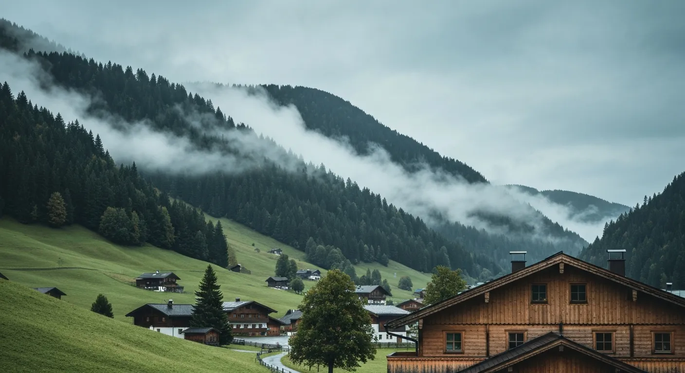 Neblige, regnerische Stimmung über einem Alpendorf bei Inzell im Chiemgau