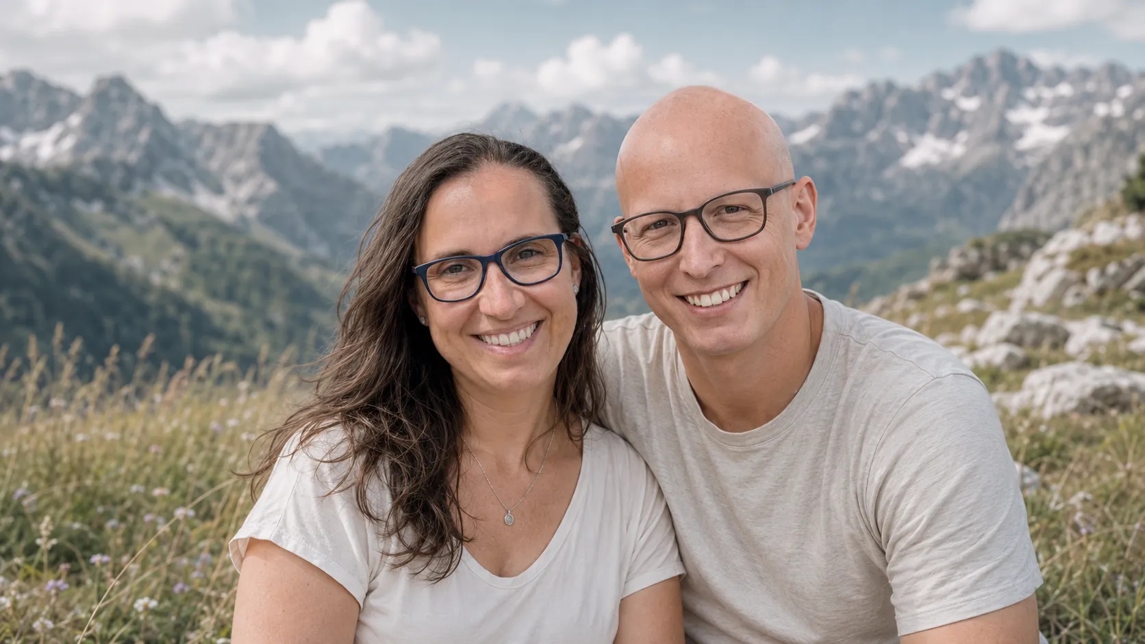 Katja und Christian Häusler, die Gastgeber der Bergzeit Inzell, vor dem Bergpanorama im Chiemgau