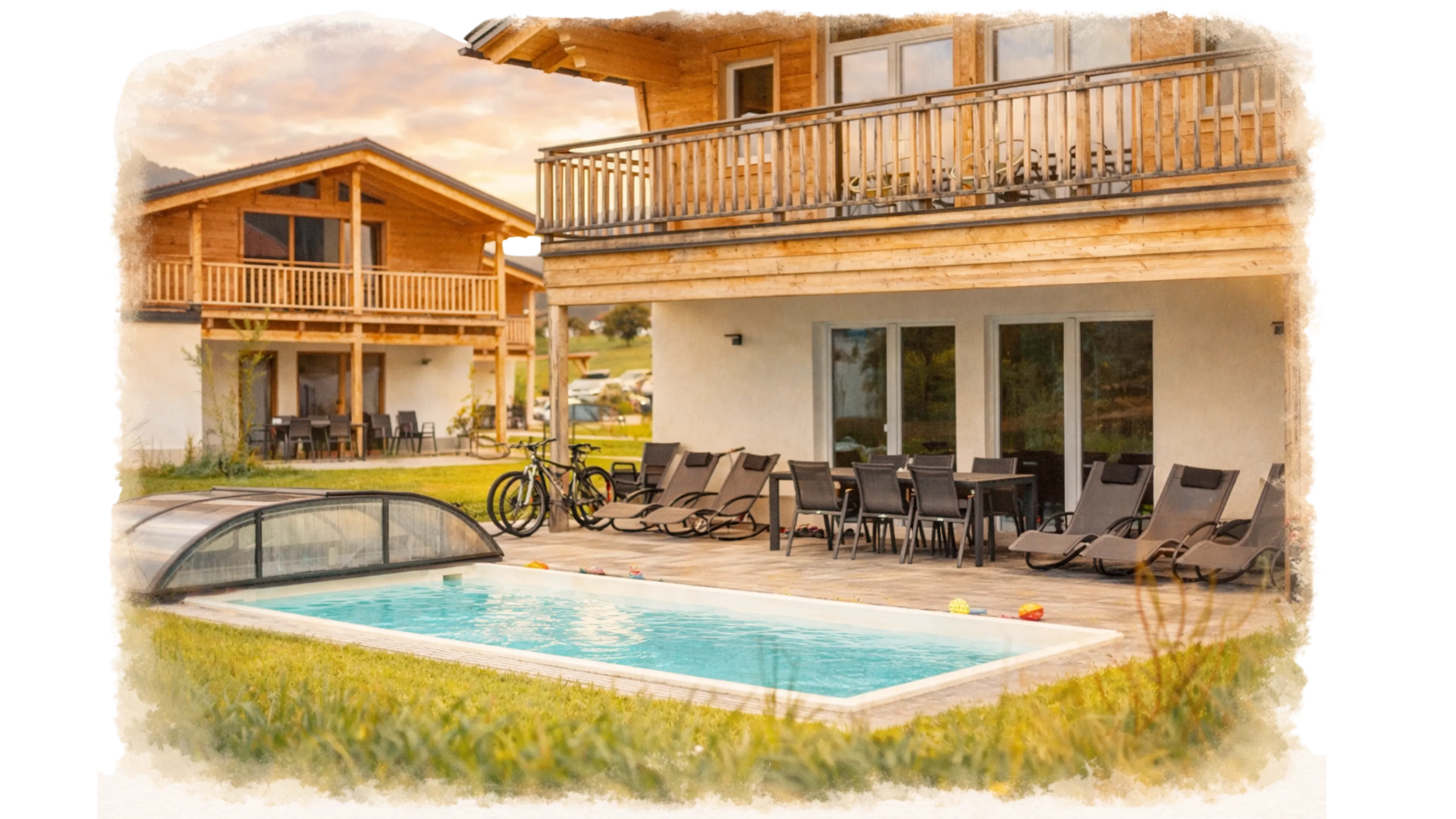 Privater Pool des Familienferienhauses Bergzeit Inzell mit Terrasse und Blick auf die Chiemgauer Alpen
