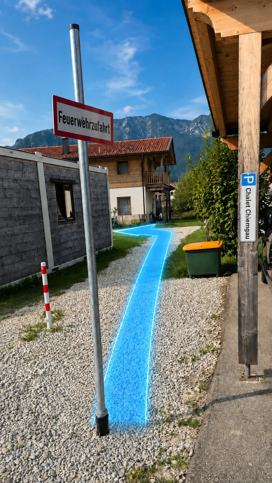 Kiesweg hinter dem Carport mit eingezeichneter Route, die hinter dem Wirtschaftscontainer nach links führt