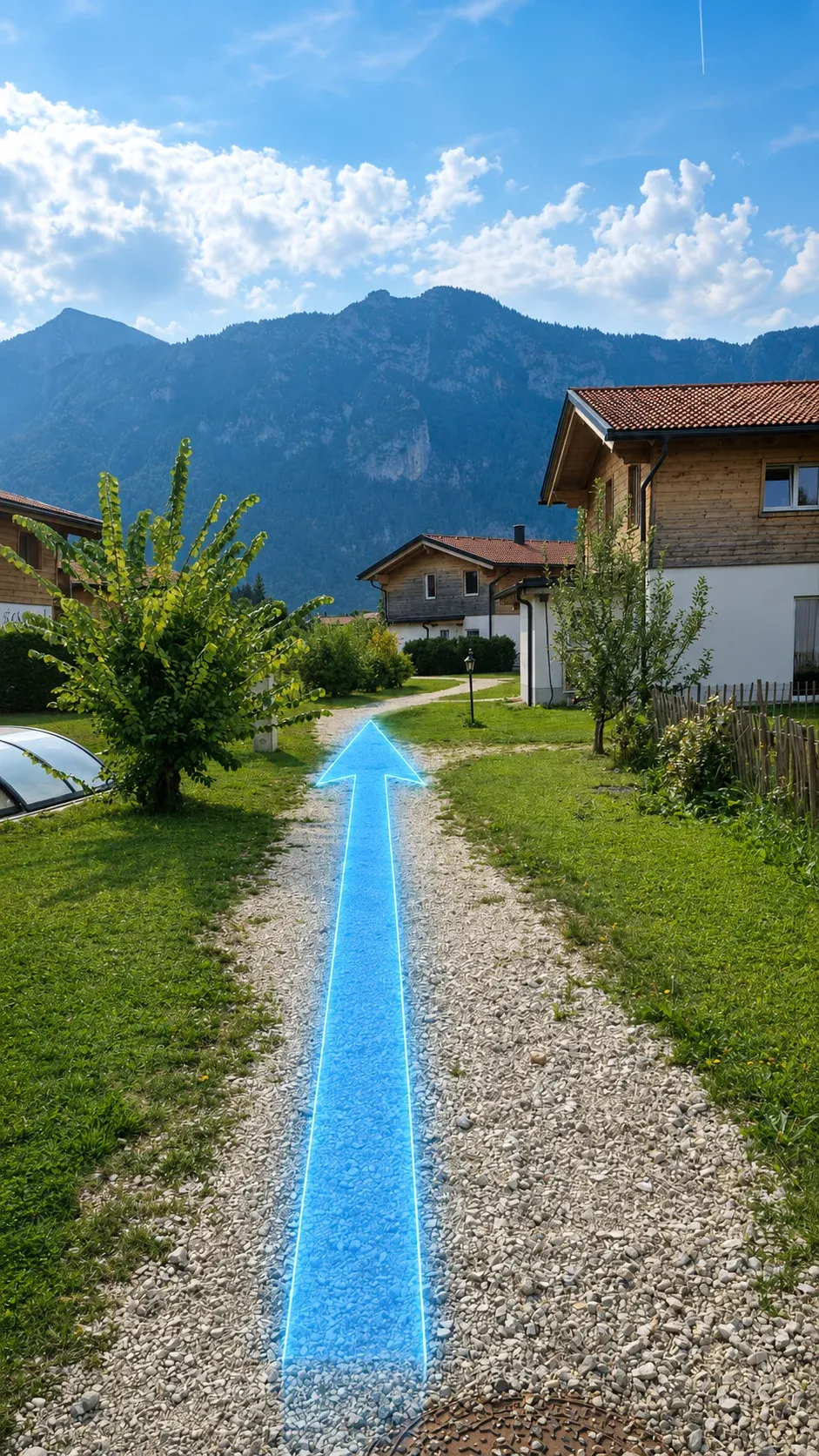 Gerader Kiesweg durch das Resort mit eingezeichneter Route Richtung Haus 12