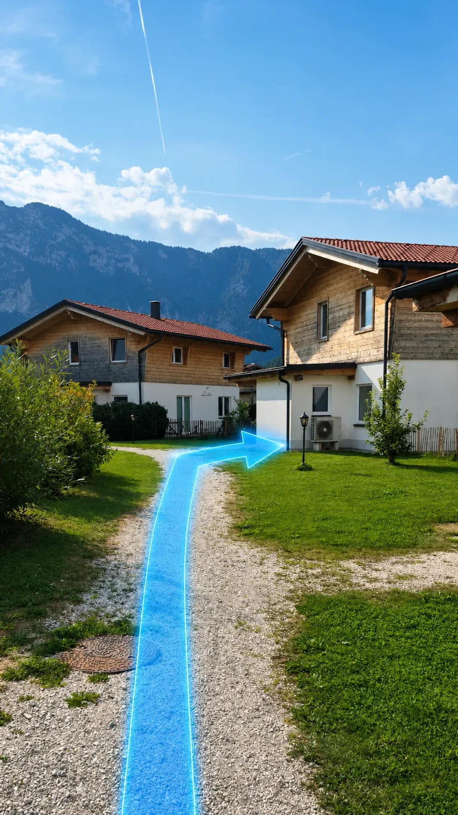 Haus 12 von außen: Die Route führt rechts hinter den kleinen Vorbau mit der Haustechnik