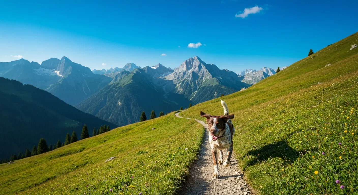 Hund läuft auf einem Almwanderweg in den Bayerischen Alpen bei Inzell