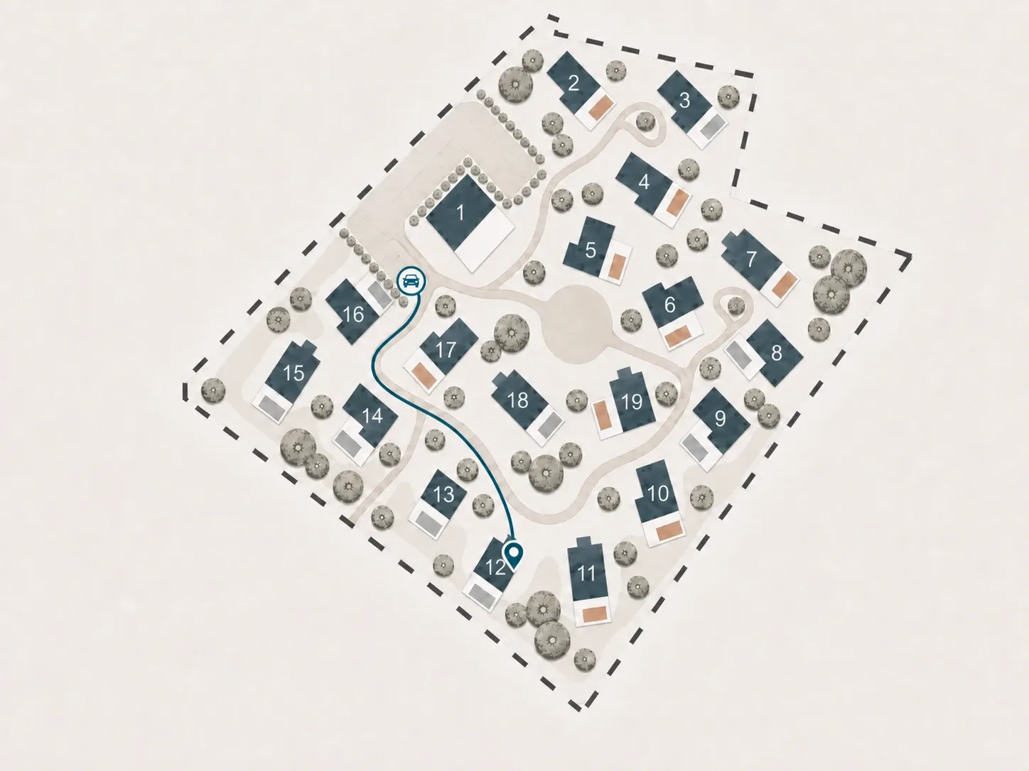 Karte des Resorts: eingezeichneter Weg vom gekennzeichneten Parkplatz am Carport an der Zufahrt (bei Haus 1) hinter dem Carport entlang bis zu Haus 12
