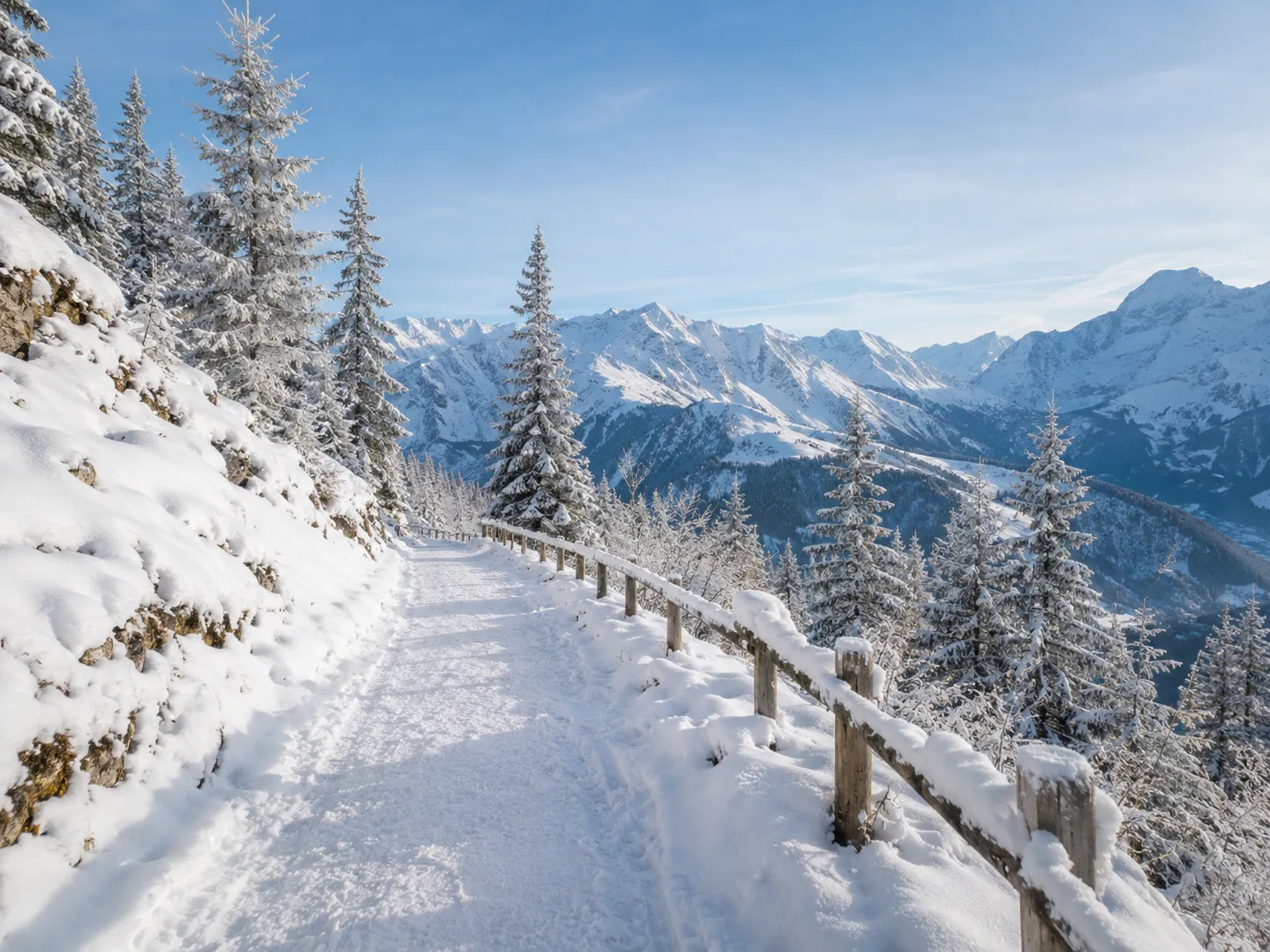 Verschneiter Winterwanderweg bei Inzell in den Chiemgauer Alpen